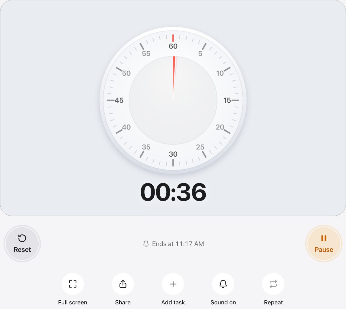 1 Minute Timer running, with the time left shown as a shape