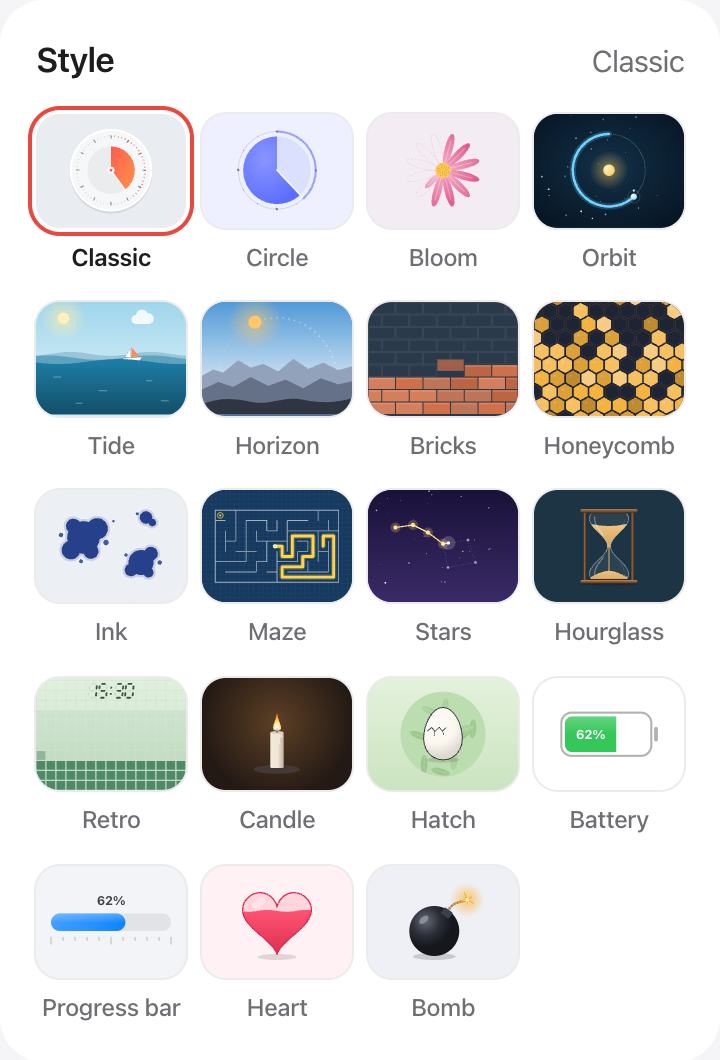 Styles to choose from for the 10 Minute Timer