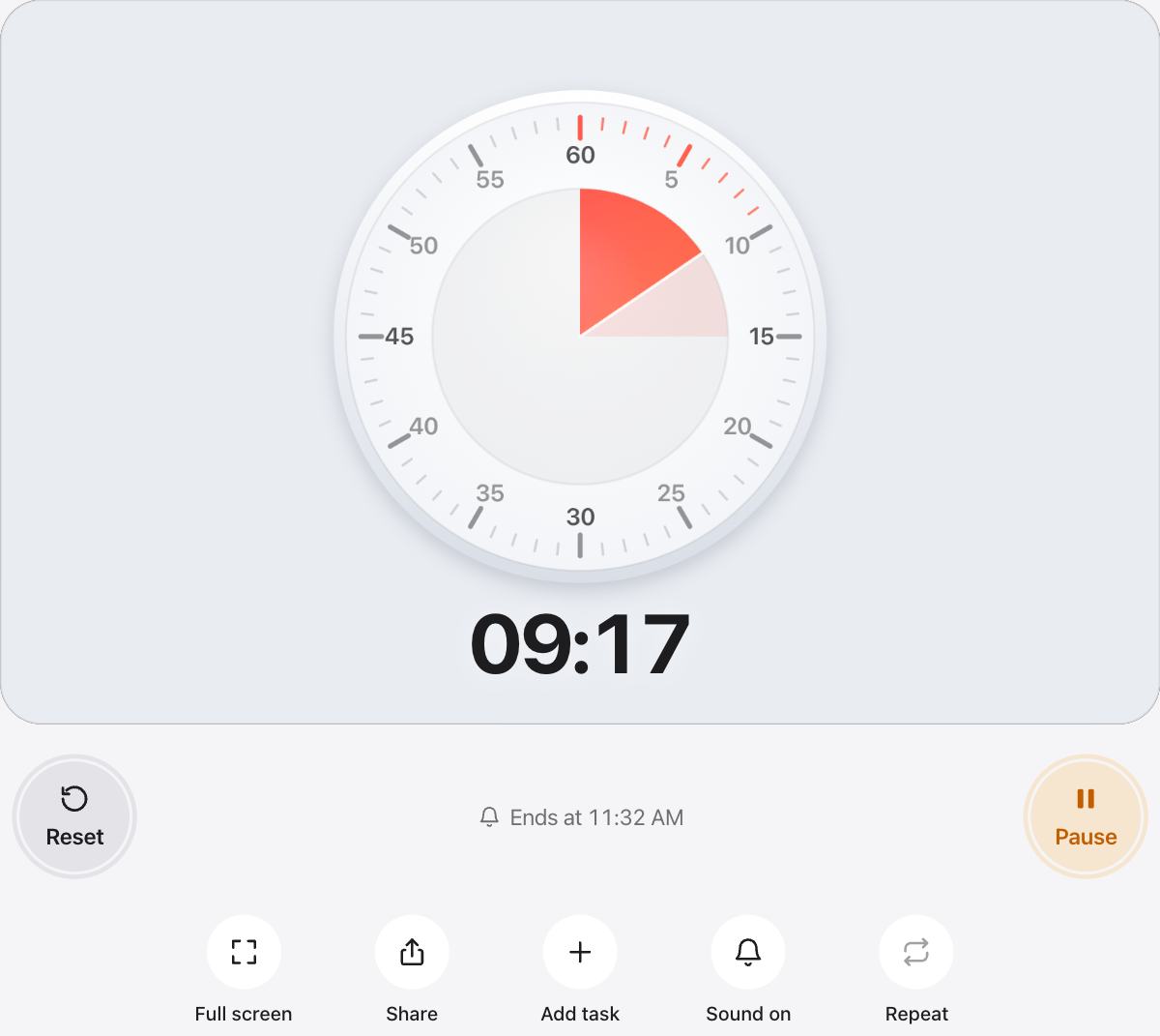 15 Minute Timer running, with the time left shown as a shape