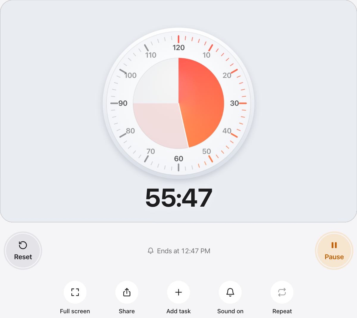 90 Minute Timer running, with the time left shown as a shape
