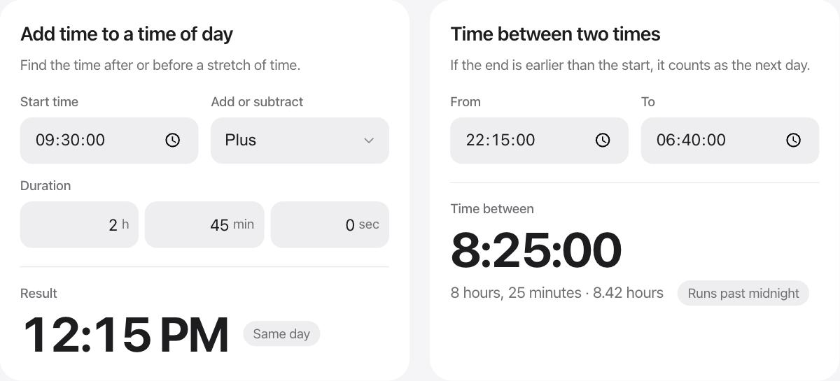 Adding time to a time of day, and the time between two times
